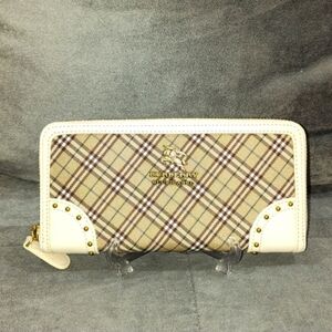 BURBERRY BLUE LABEL NOVA CHECK & WHITE LEATHER GOLD STUDS ZIPPY LONG WALLET